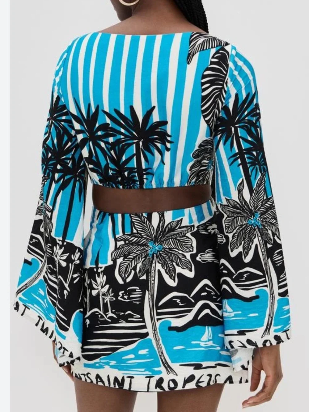 Tropical Palm Print Mini Dress in Bright Blue & Black - Picture 3 of 7